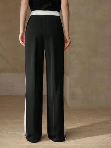 High-Waisted Side-Stripe Slit-Leg Modern Pants-Black