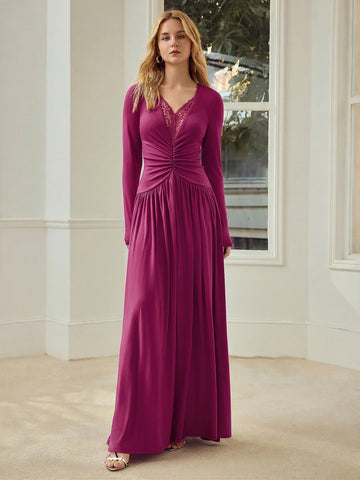 Lace Trim Ruched Maxi Dress