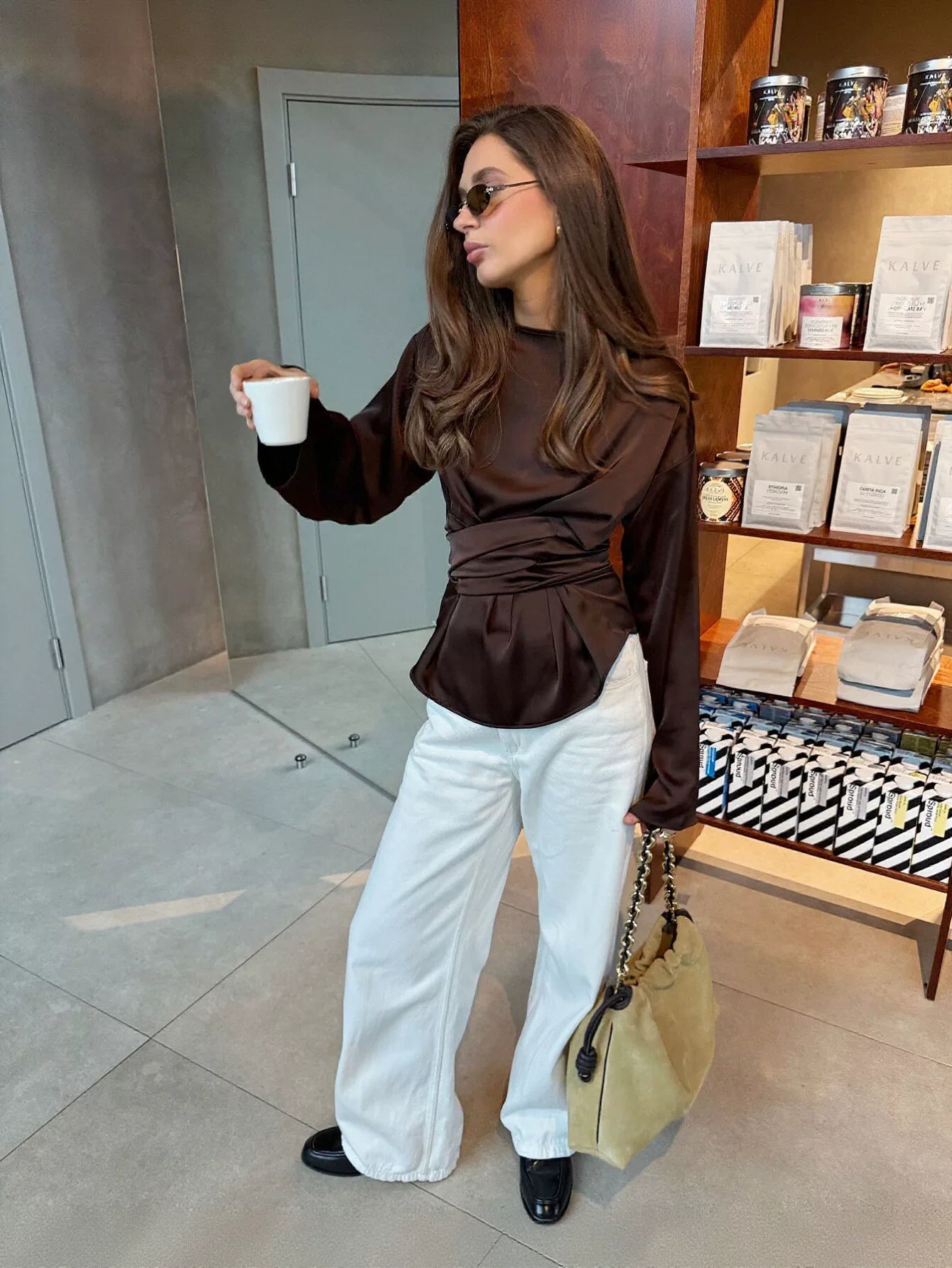 Satin Ruched Waist Long Sleeve Blouse