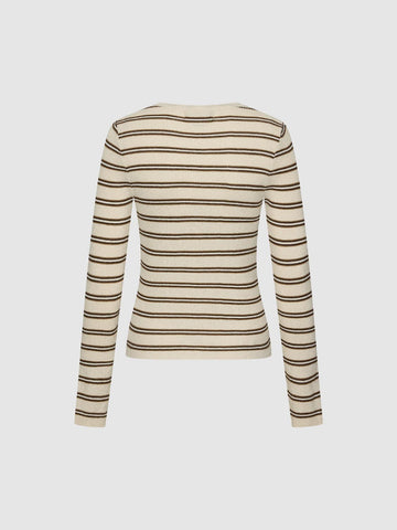 Urban Revivo Henley Neck Long Sleeve Knitted T-Shirts-Beige Stripes