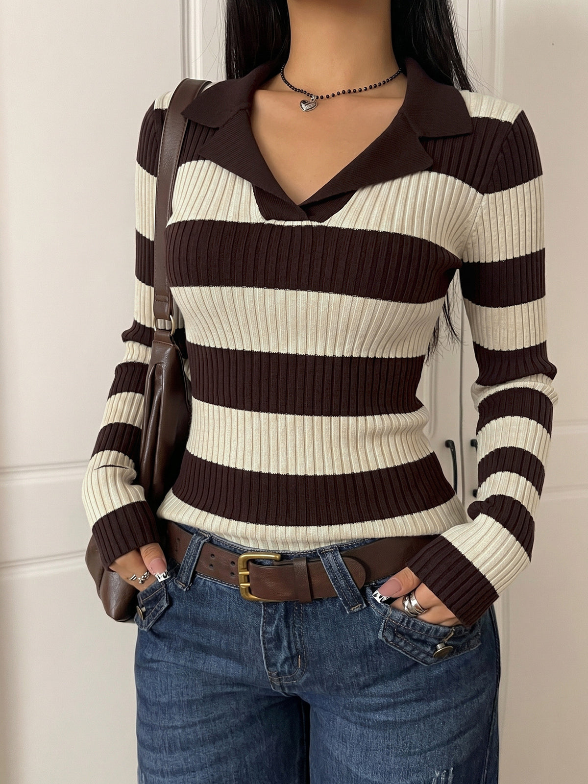Striped Collared Ribbed Knit Sweater