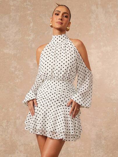 Polka Dot Cold Shoulder Mini Dress
