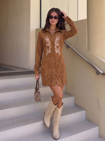 Embroidered Suede Button Down Mini Dress