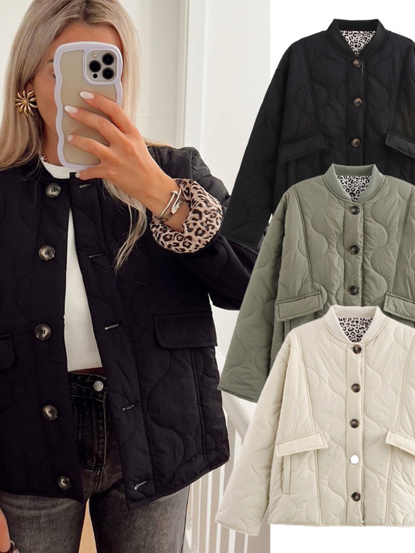 Quilted Button Down Bomber Jacket