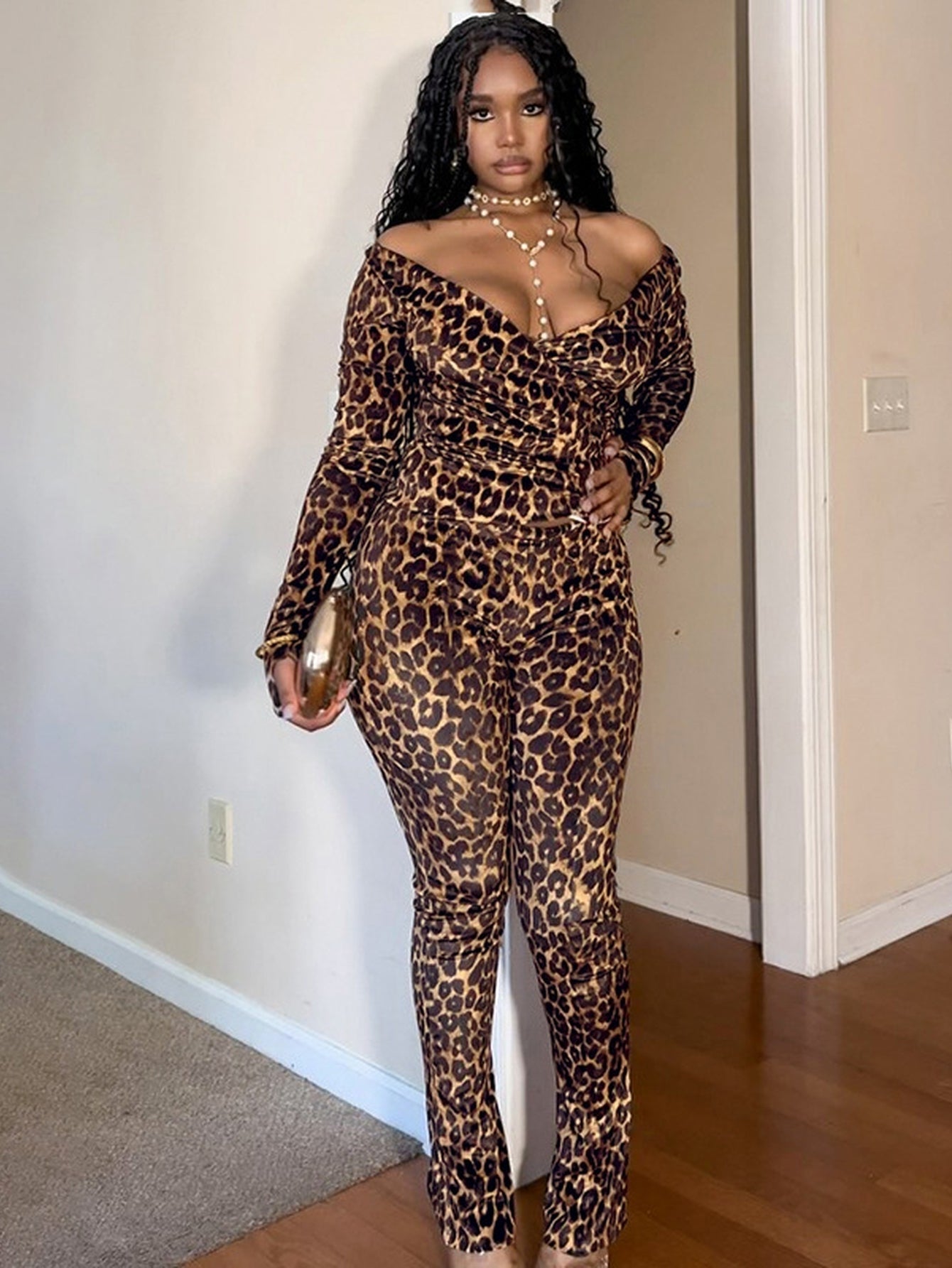 Sexy Leopard Off Shoulder Pants Set