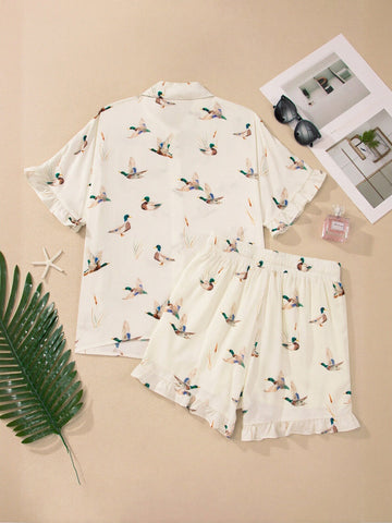 Printed Ruffle Trim Short Set