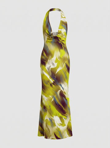 LILA Floral Print Cowl Neck Bodycon Midi Dress