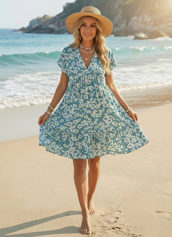 Floral Print V Neck Tiered Babydoll Mini Dress