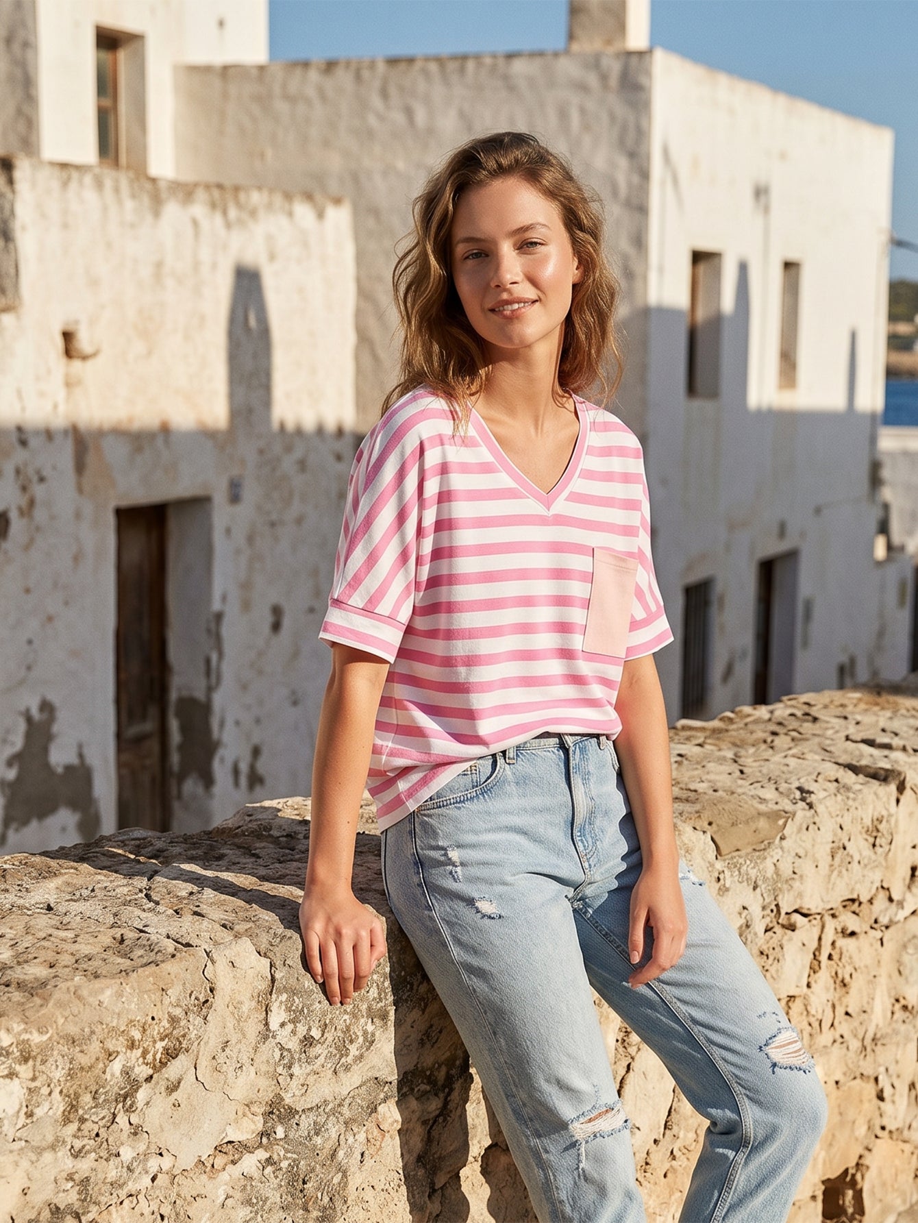 Casual Striped V Neck Pocket T-Shirt