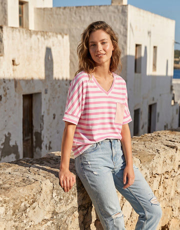Casual Striped V Neck Pocket T-Shirt