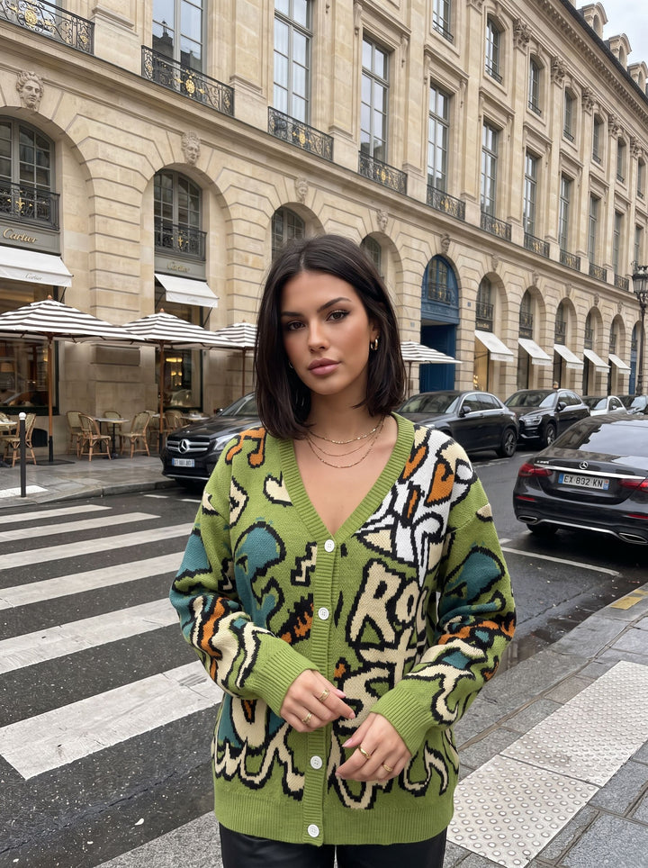 Oversized Graphic Pattern Knit Cardigan