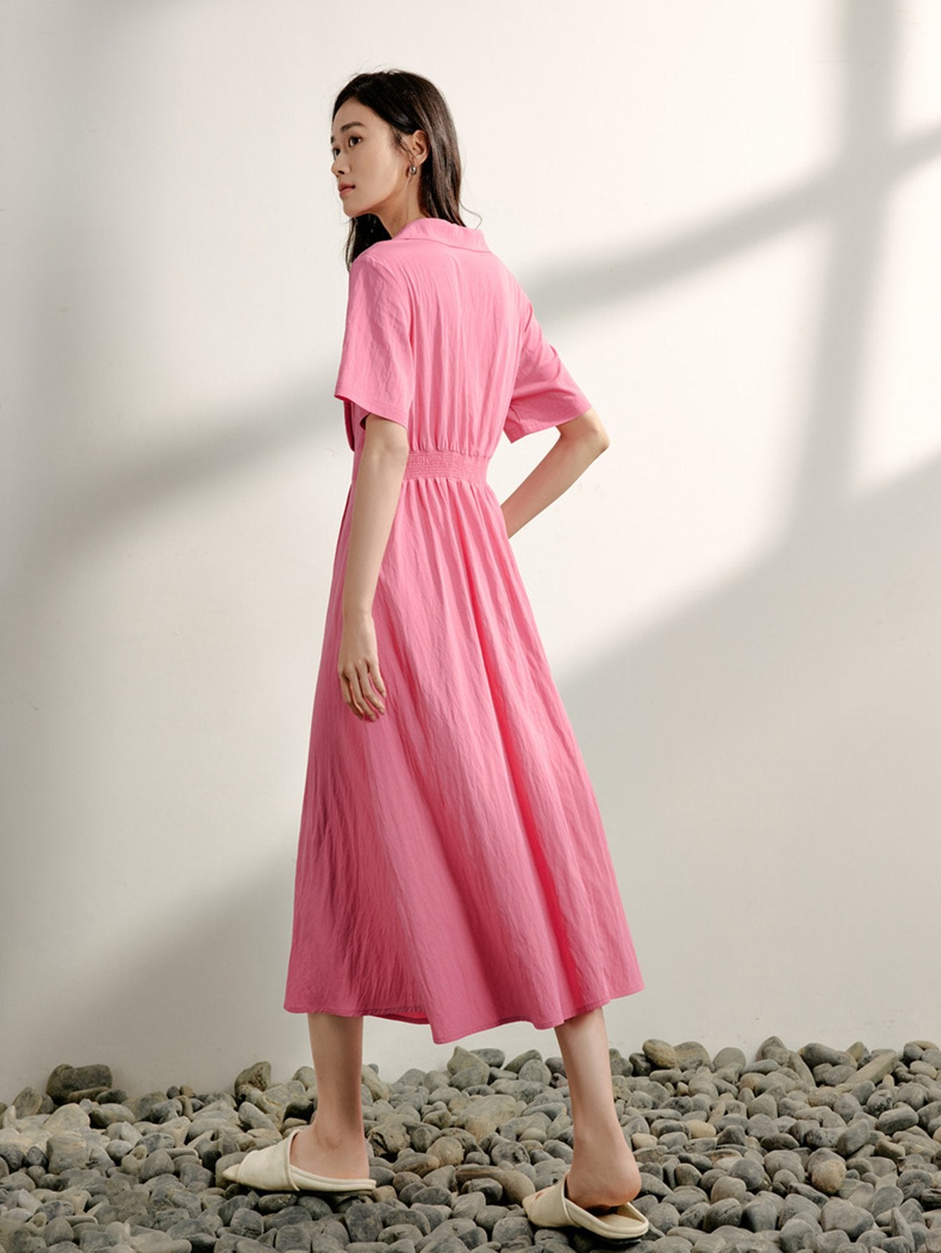 Short Sleeve Pleated Elegant Midi Dress