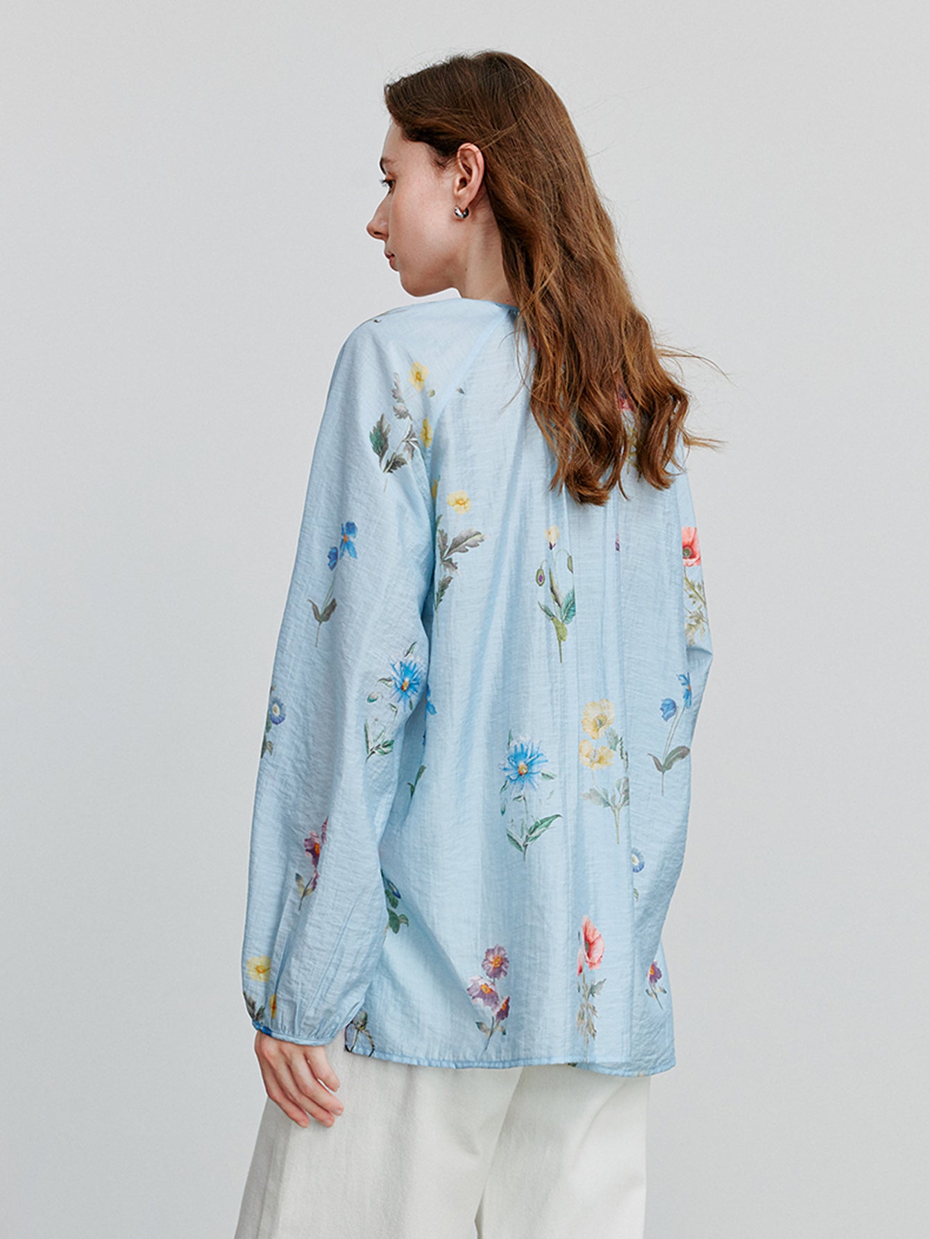 TOYOUTH Light Blue Floral Print Tie-Neck Blouse
