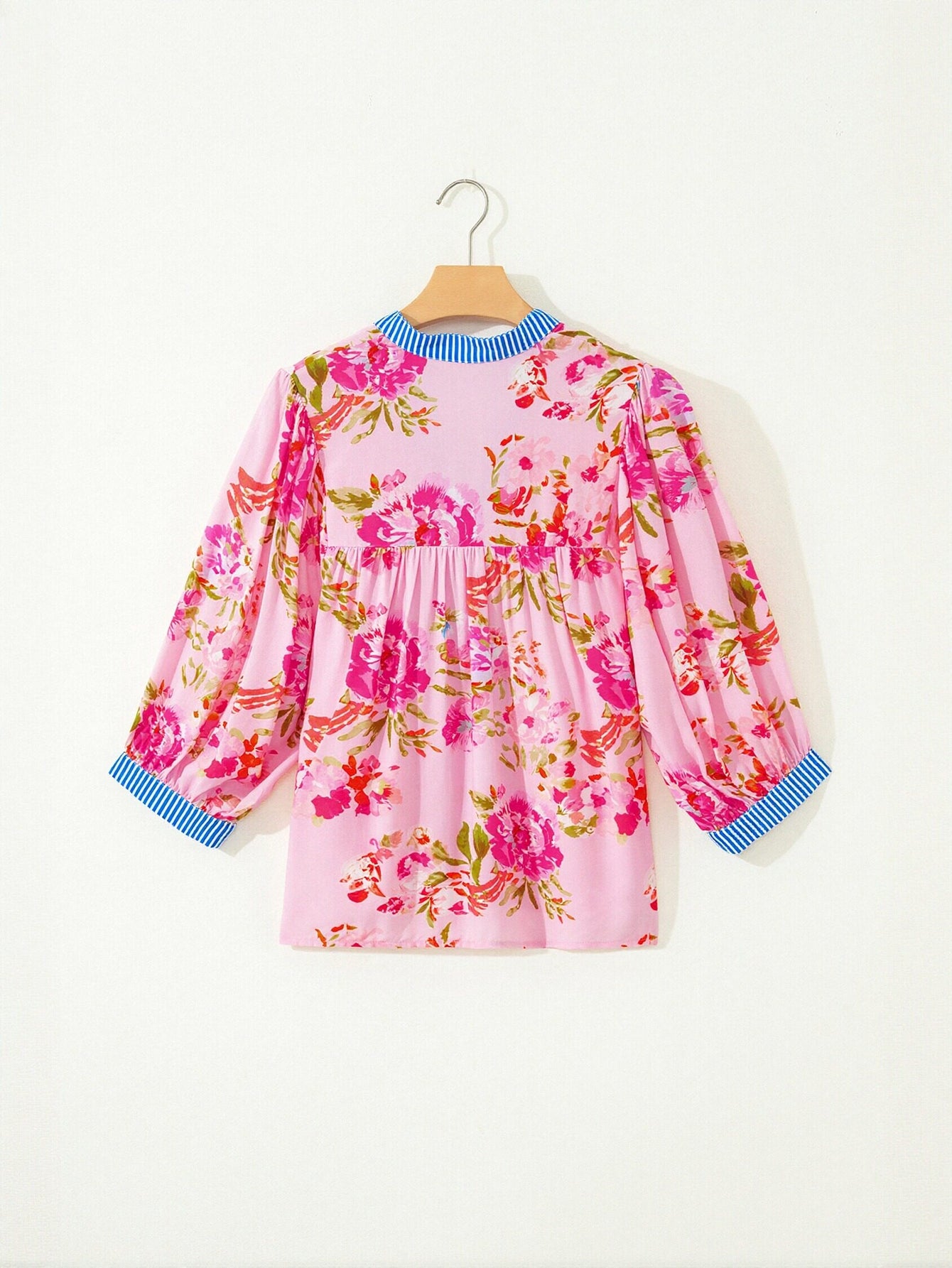 Floral Print Striped Trim Blouse