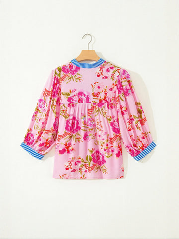 Floral Print Striped Trim Blouse