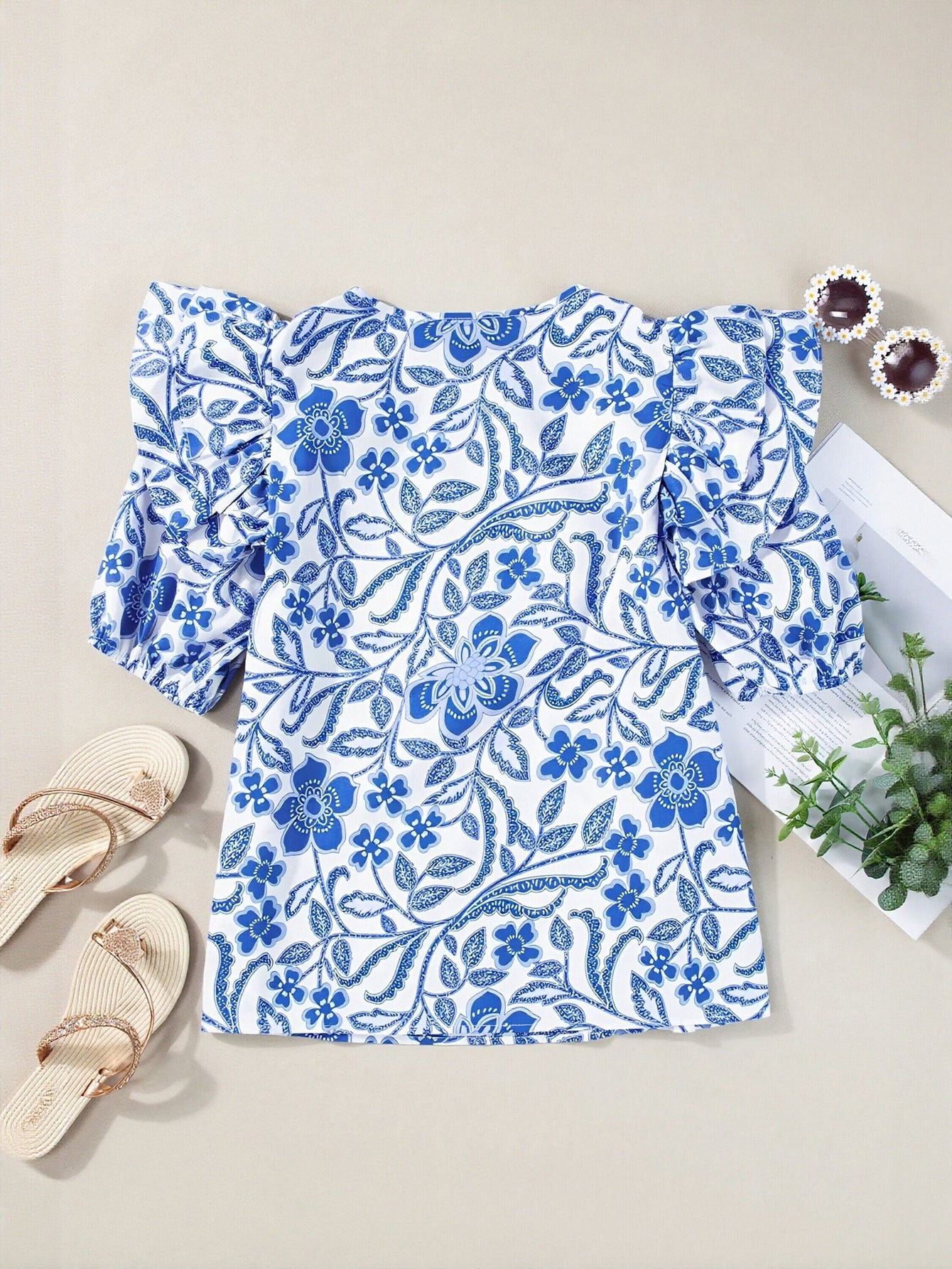 Blue Floral Puff Sleeve Blouse