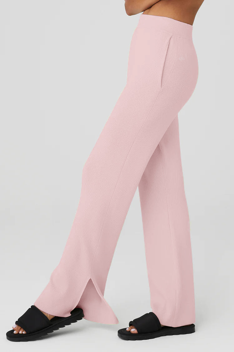 High-Waisted Side-Slit Pocket Knit Wide-Leg Pants-Pink