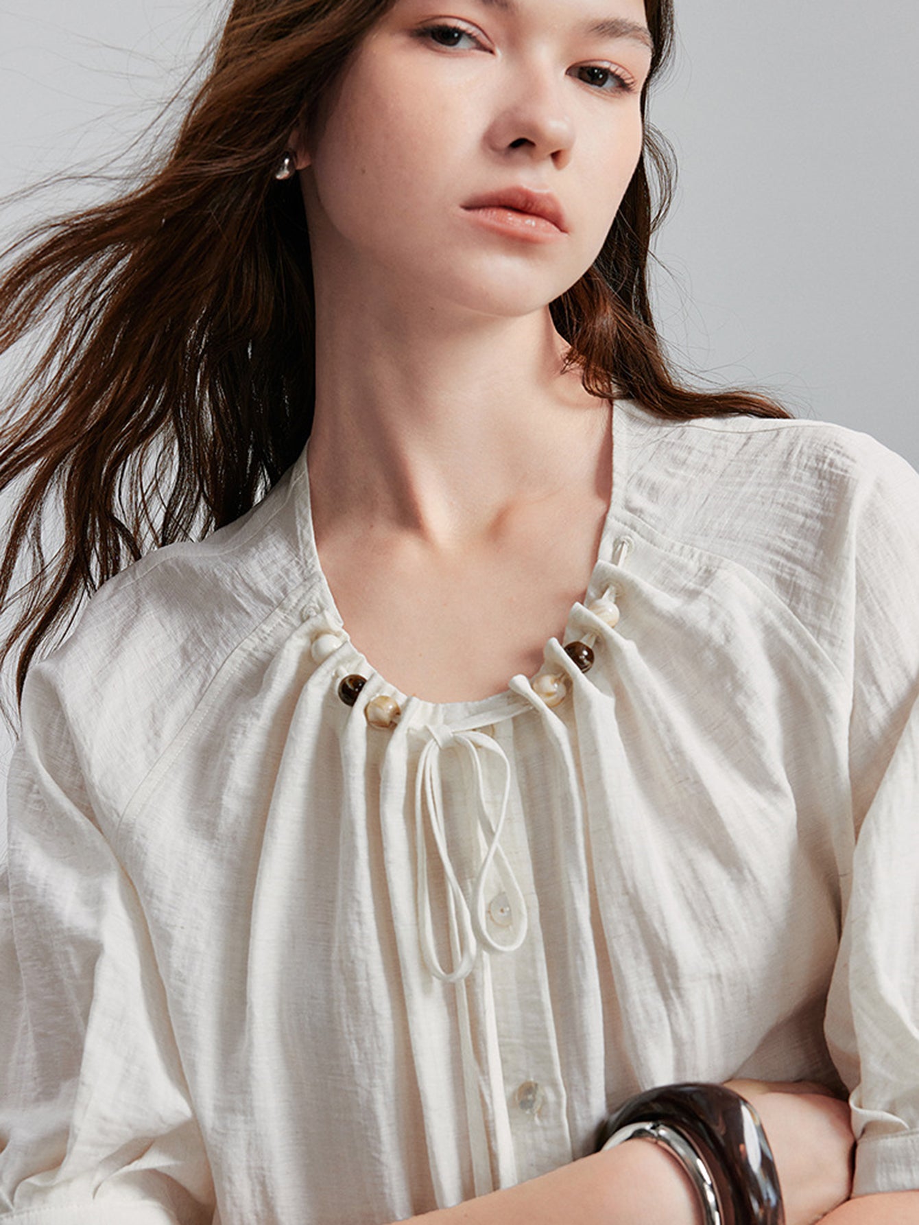 TOYOUTH Linen Blend Tie-Neck Relaxed Blouse