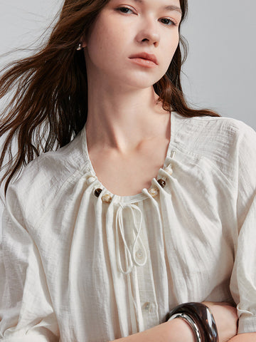 TOYOUTH Linen Blend Tie-Neck Relaxed Blouse