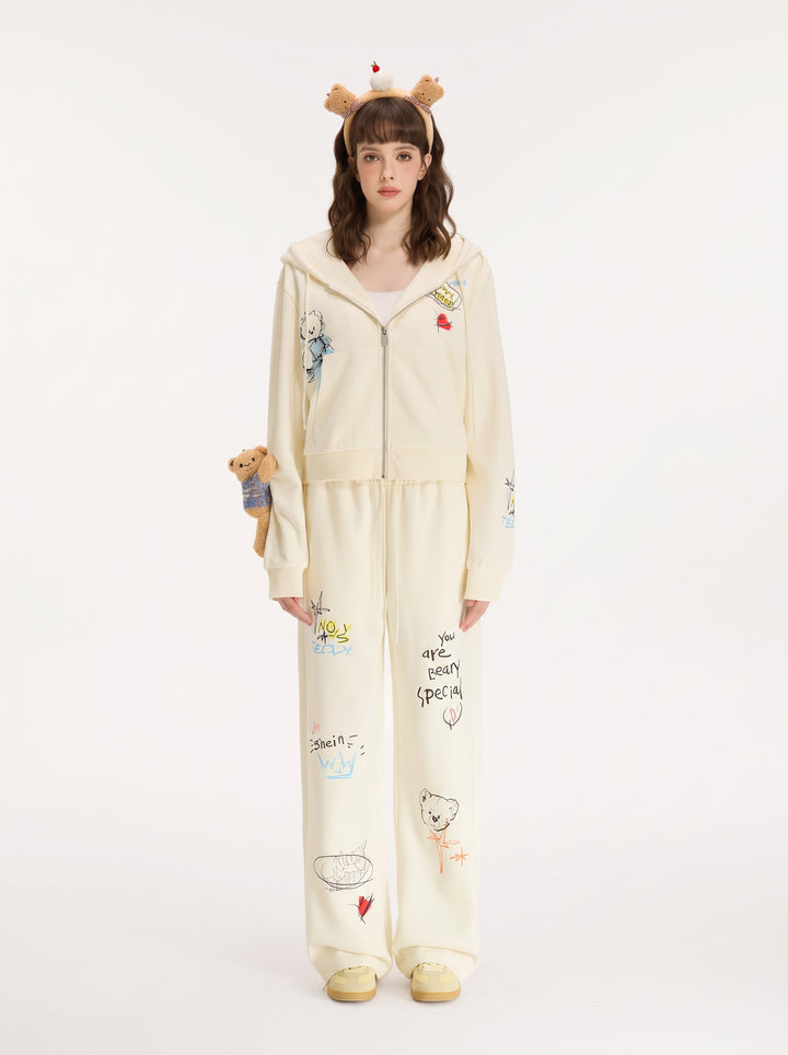 Oversized Graphic Print Zip Up Hooded Jacket