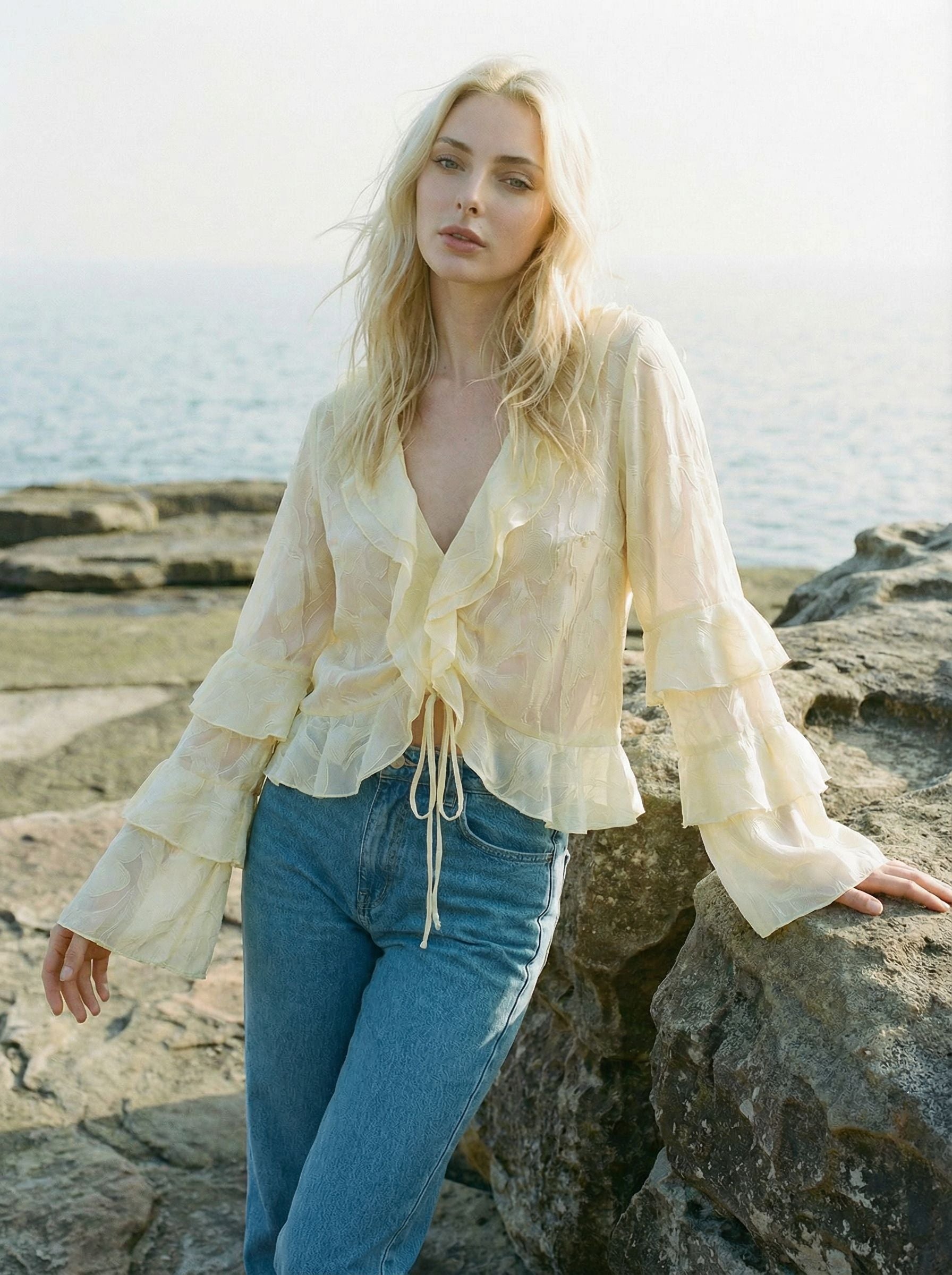 Deep V Ruffled Sleeve Tie Front Sexy Blouse-Apricot