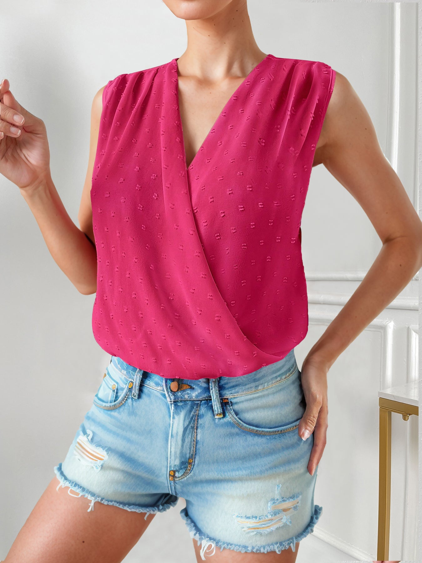 Wrap V-Neck Sleeveless Statement Sexy Jumpsuit-Fuchsia Pink