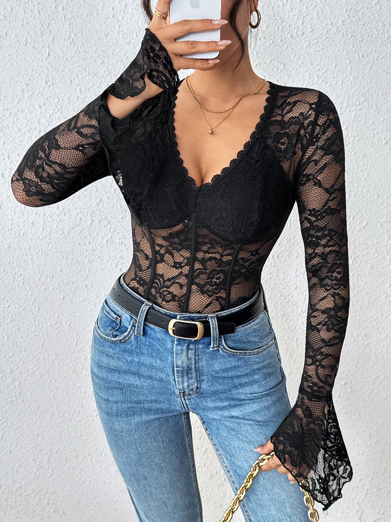Lace Long Sleeve Sexy Bodysuit-Multicolor
