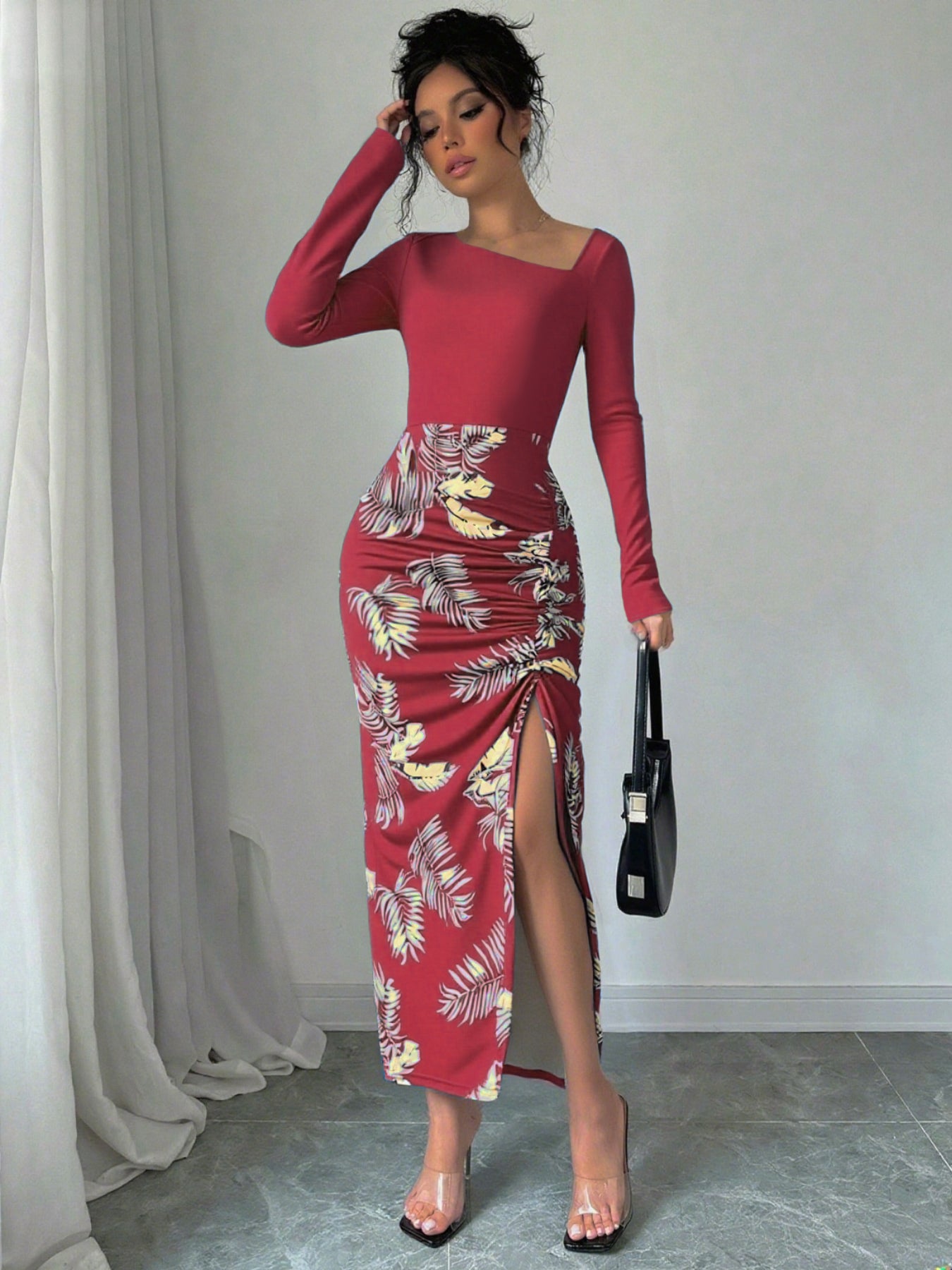 Asymmetric Ruched Slit Tropical Midi Dress