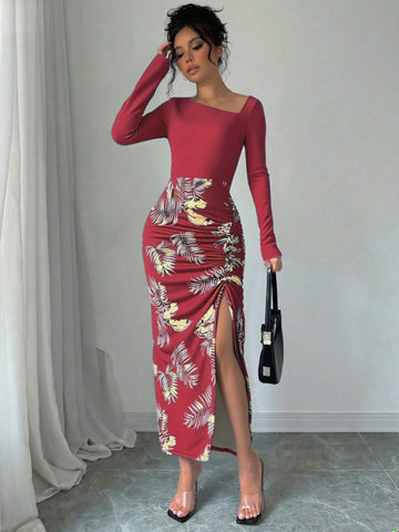 Asymmetric Ruched Slit Tropical Midi Dress