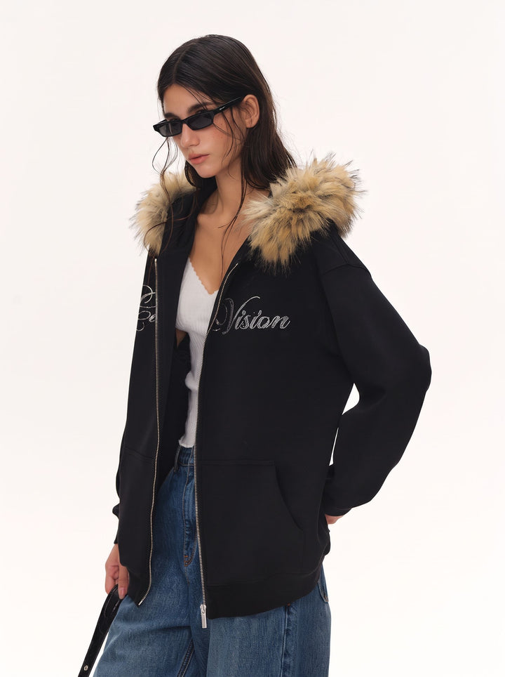Faux Fur Hooded Rhinestone Jacket