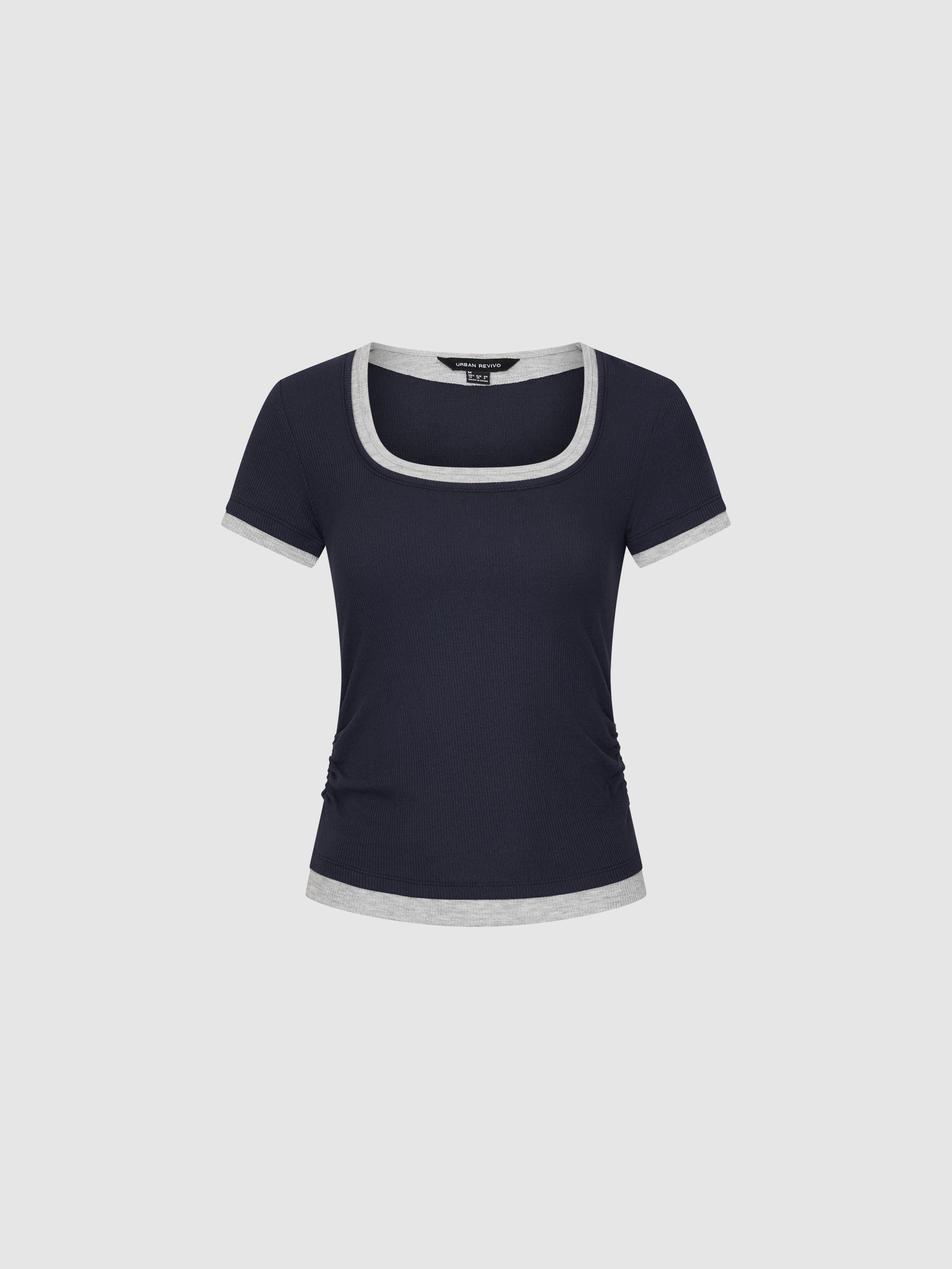 Urban Revivo Contrast Trim Scoop Neck Ruched T-Shirts