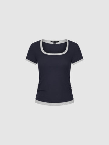 Urban Revivo Contrast Trim Scoop Neck Ruched T-Shirts