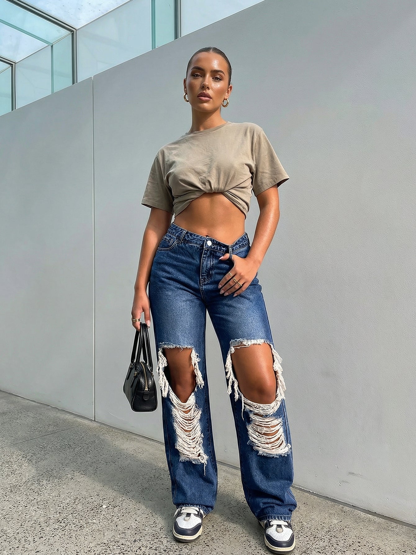 Distressed Hole Wide-Leg Classic Jeans-Dark Blue