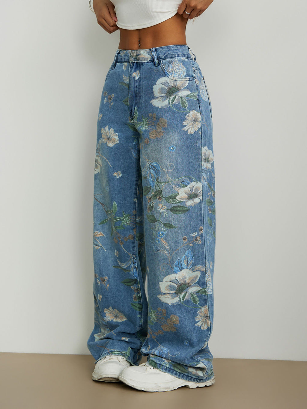 Floral Print Wide Leg Jeans
