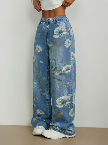 Floral Print Wide Leg Jeans