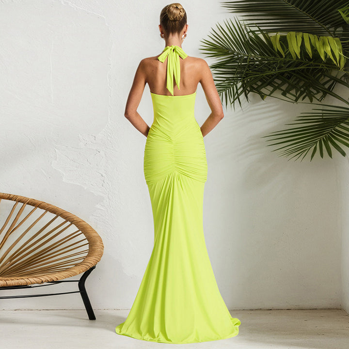 Plunging Neck Ruched Maxi Dress