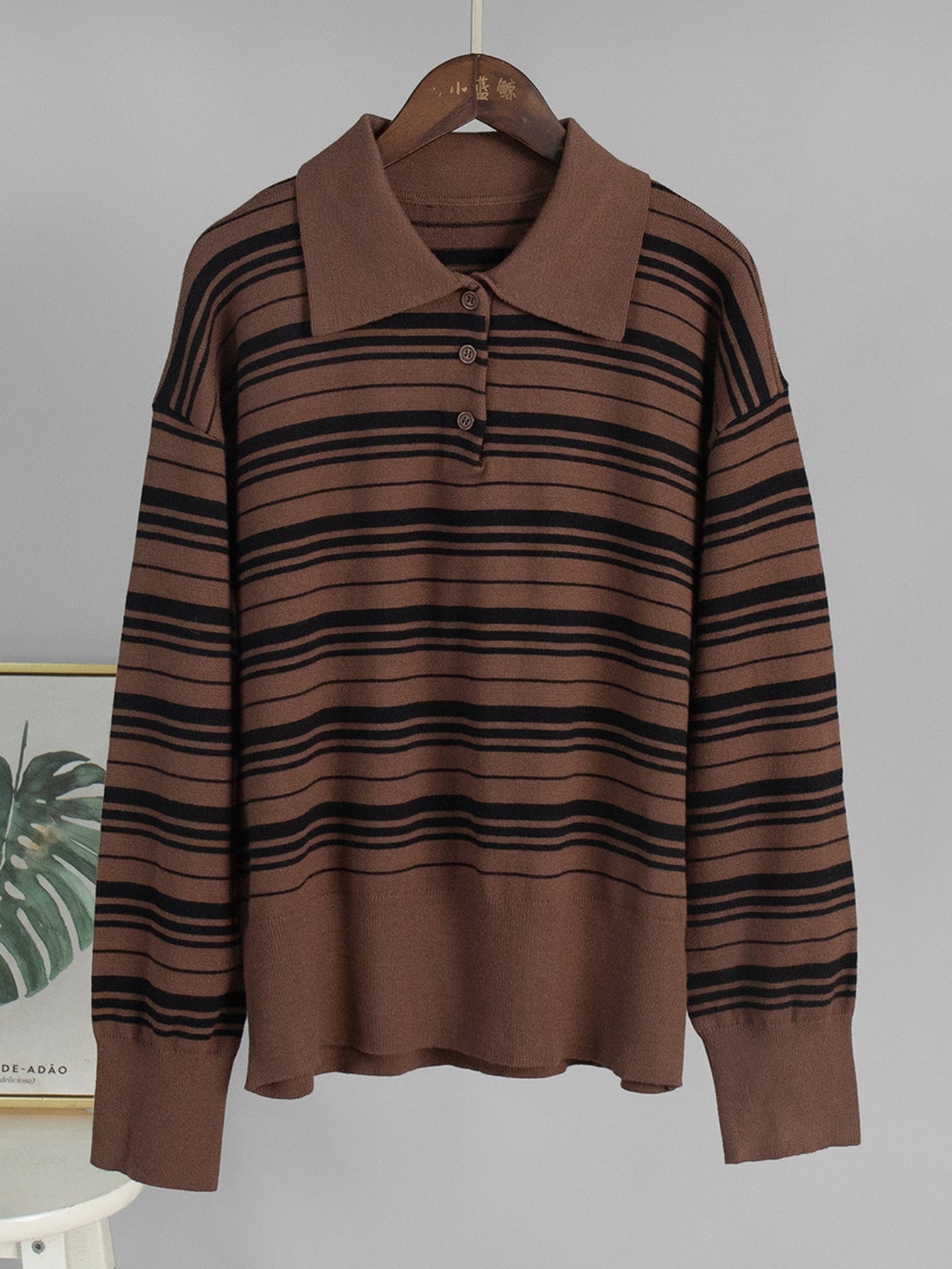 Oversized Striped Polo Collar Knit Sweater