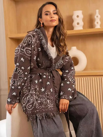 Cozy Star Print Fringe Cardigan