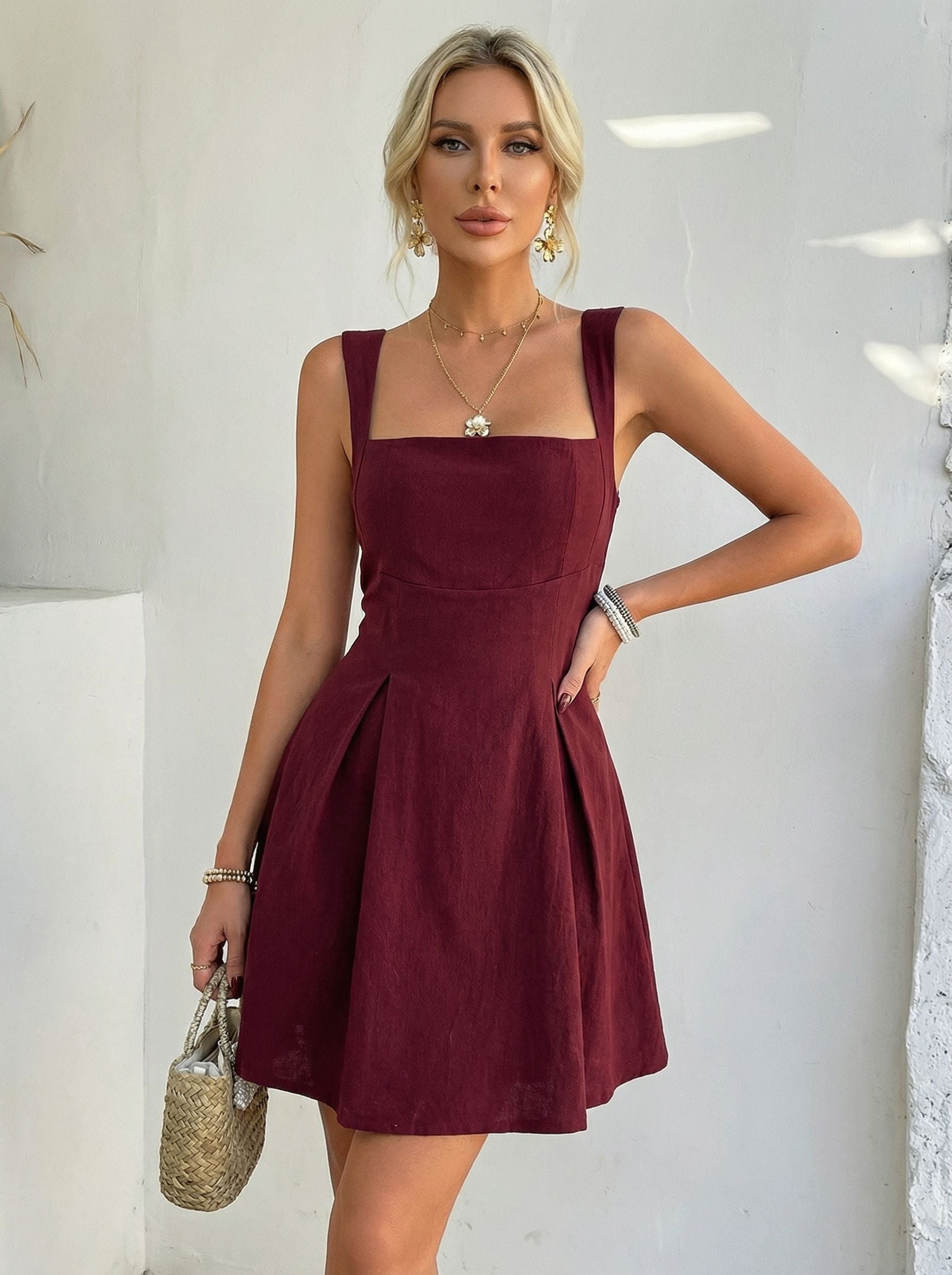 Sleeveless Square Neck A-Line Daily Mini Dress-Multicolor