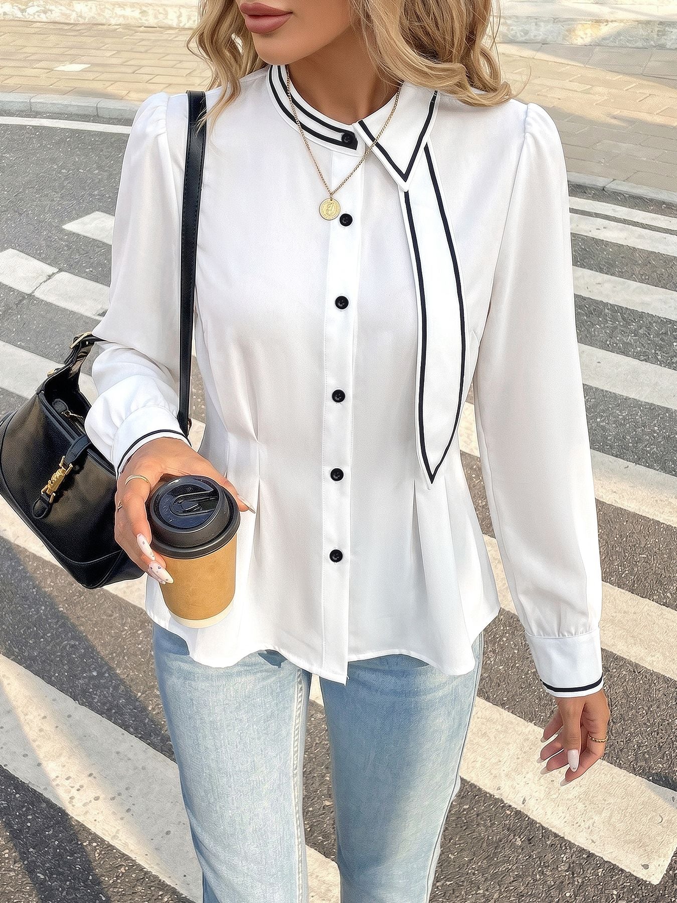 Elegant Contrast Trim Button Up Shirt
