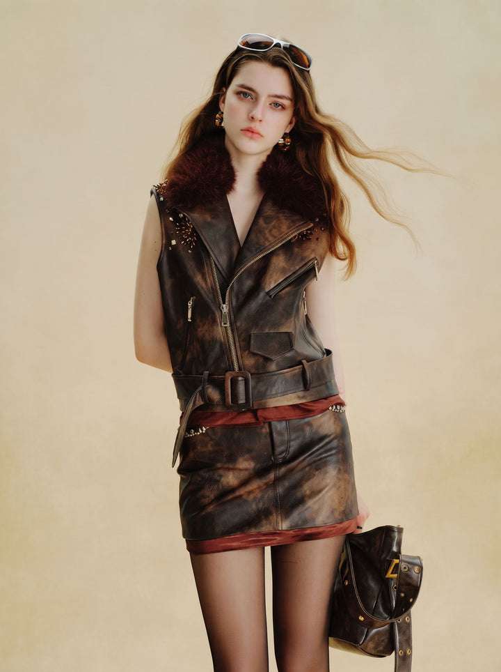 Faux Fur Trim Belted Leather Vest
