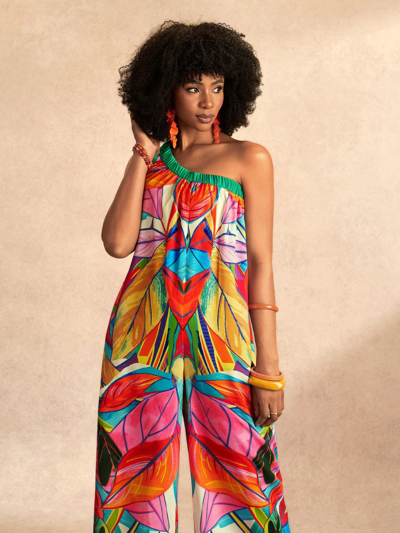 Tropical One Shoulder Wide Leg Jumpsuit