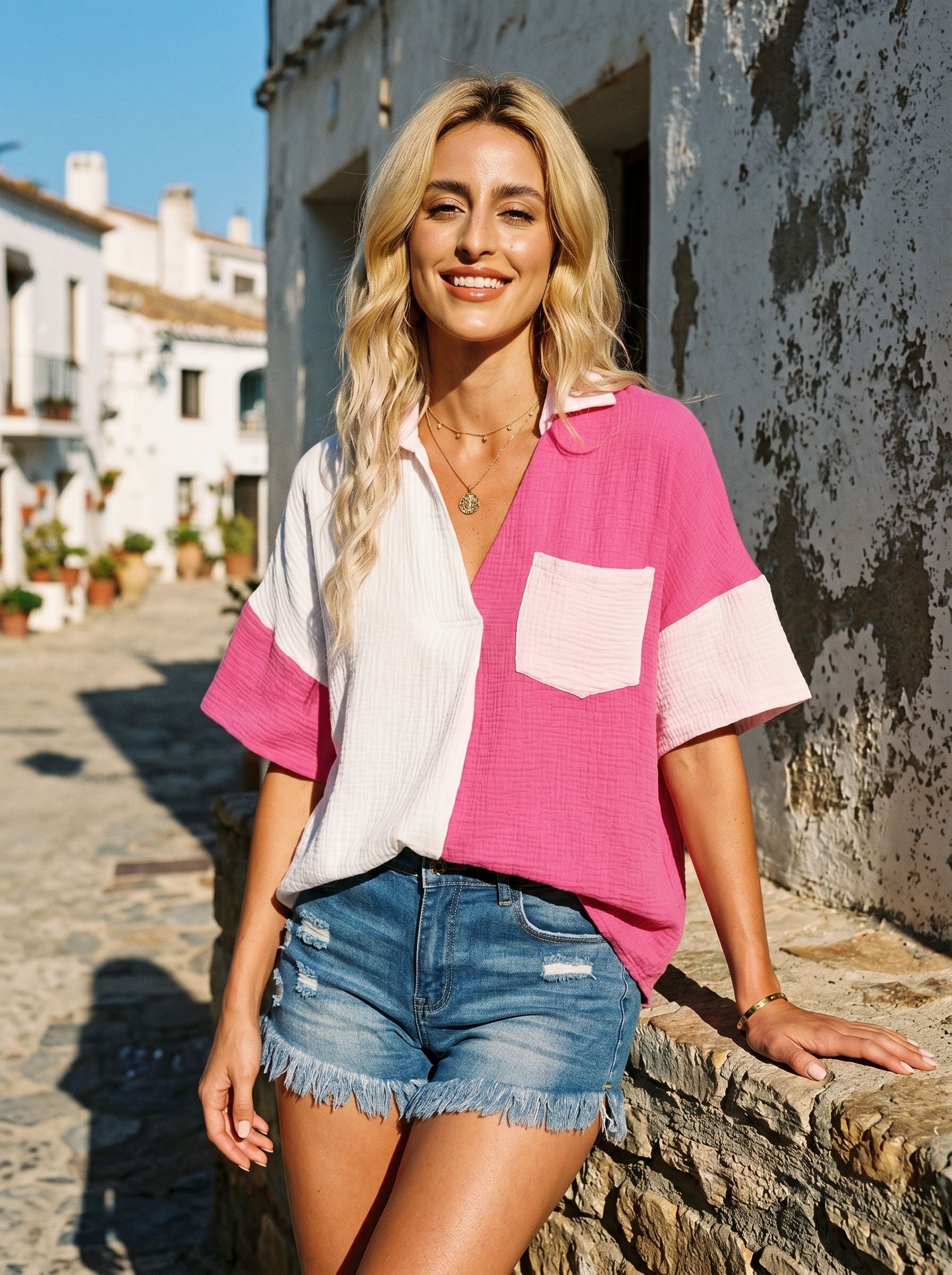 Colorblock Gauze Button Down Shirt
