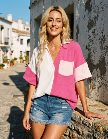Colorblock Gauze Button Down Shirt