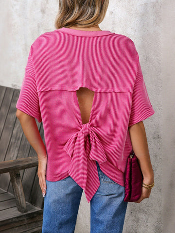 Ribbed Oversized Pink Crewneck T-Shirt