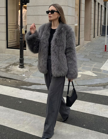 Luxurious Plush Grey Faux Fur Coat