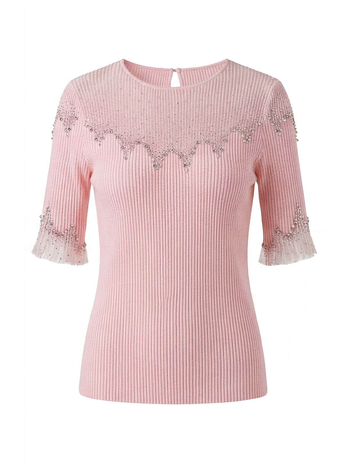 Embellished Ribbed Knit Pullover Sweater