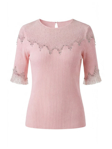Embellished Ribbed Knit Pullover Sweater