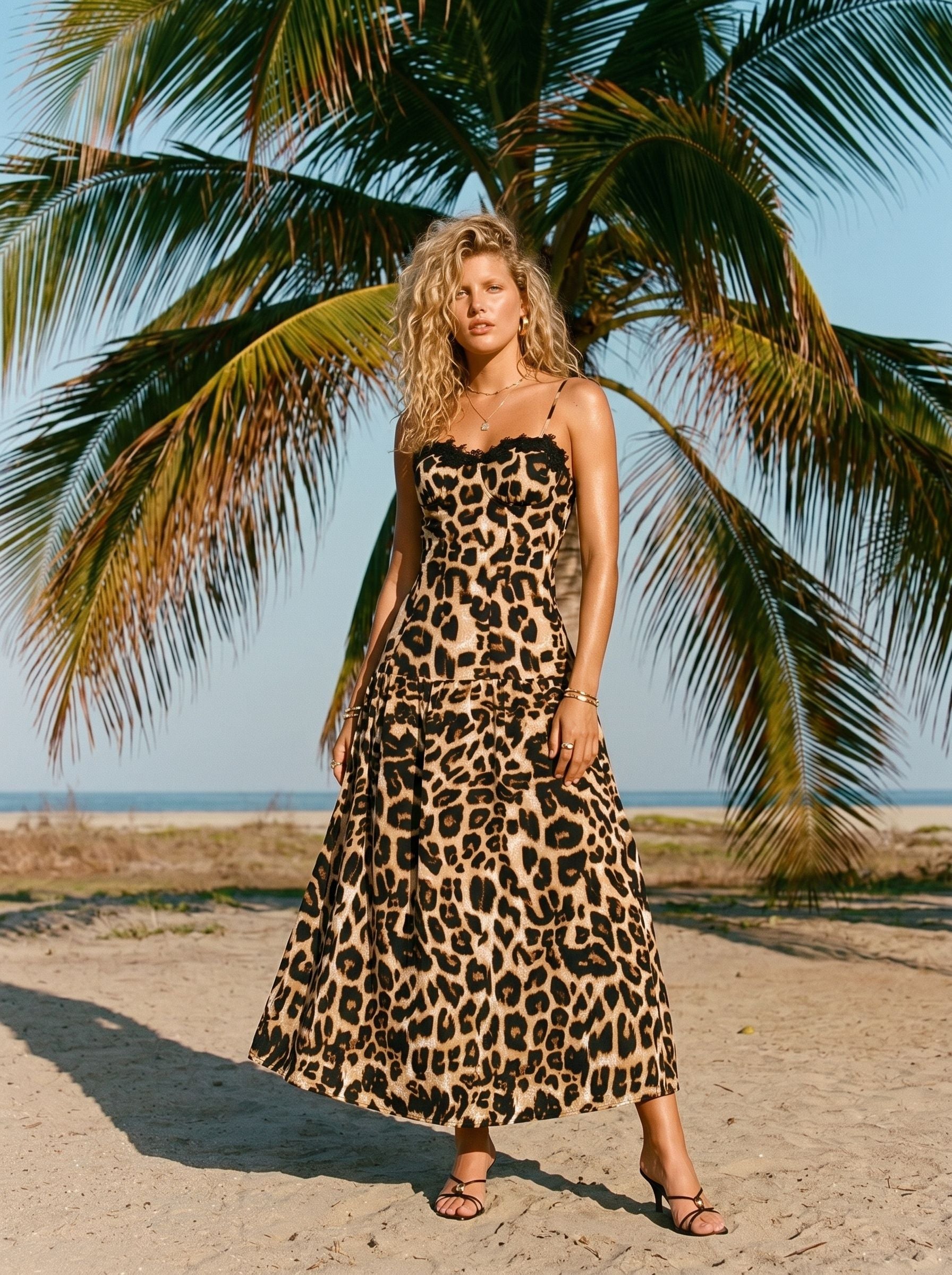 Lace Trim Leopard Print Midi Dress
