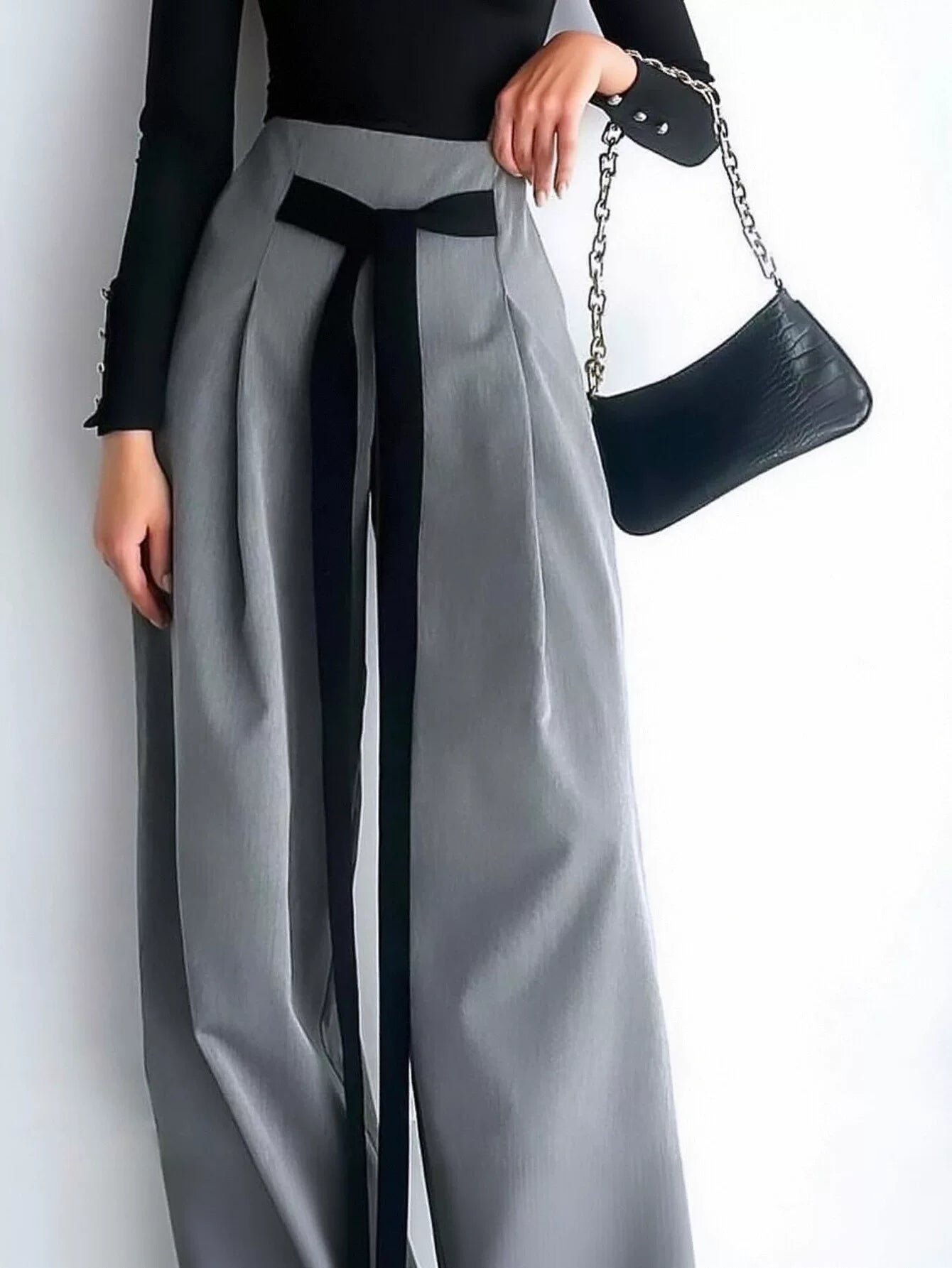 High Waisted Tie Waist Wide Leg Trousers